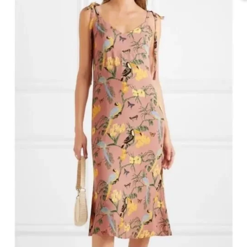 Reformation Jade Dress Midi Conga Tropical Bird Print